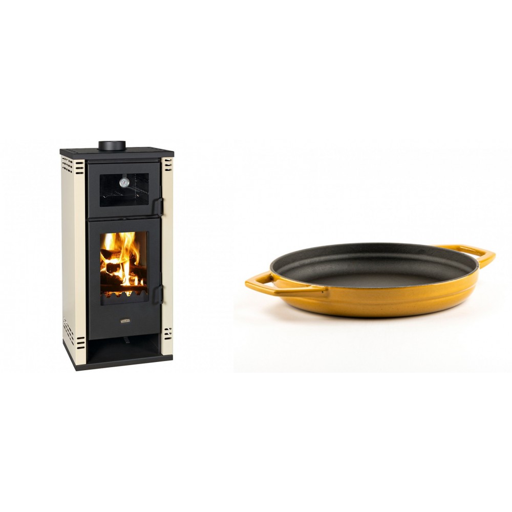 Set Kaminofen, Holzofen mit Backfach Prity K2 GT F, 8.1 kW + Emaillierte gusseisenpfanne mit zwei Griffen Solagio, Dijon, Ф22cm