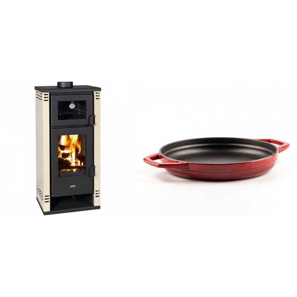 Set Kaminofen, Holzofen mit Backfach Prity K2 GT F, 8.1 kW + Emaillierte gusseisenpfanne mit zwei Griffen Solagio, Rubin, Ф22cm | Holzofen | Kaminofen |