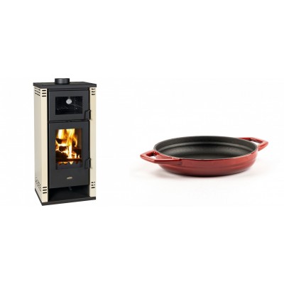 Set Kaminofen, Holzofen mit Backfach Prity K2 GT F, 8.1 kW + Emaillierte gusseisenpfanne mit zwei Griffen Solagio, Rubin, Ф19cm - Kaminofen - Holzofen mit Backfach