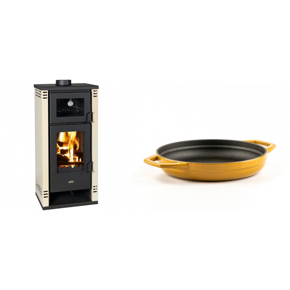 Set Kaminofen, Holzofen mit Backfach Prity K2 GT F, 8.1 kW + Emaillierte gusseisenpfanne mit zwei Griffen Solagio, Dijon, Ф19cm