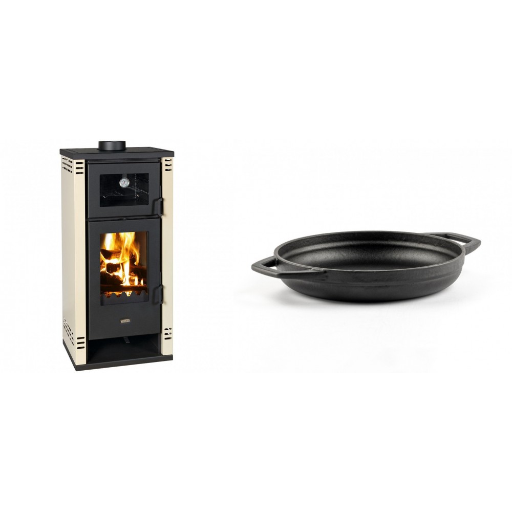 Set Kaminofen, Holzofen mit Backfach Prity K2 GT F, 8.1 kW + Emaillierte gusseisenpfanne mit zwei Griffen Solagio, Black Onyx, Ф19cm