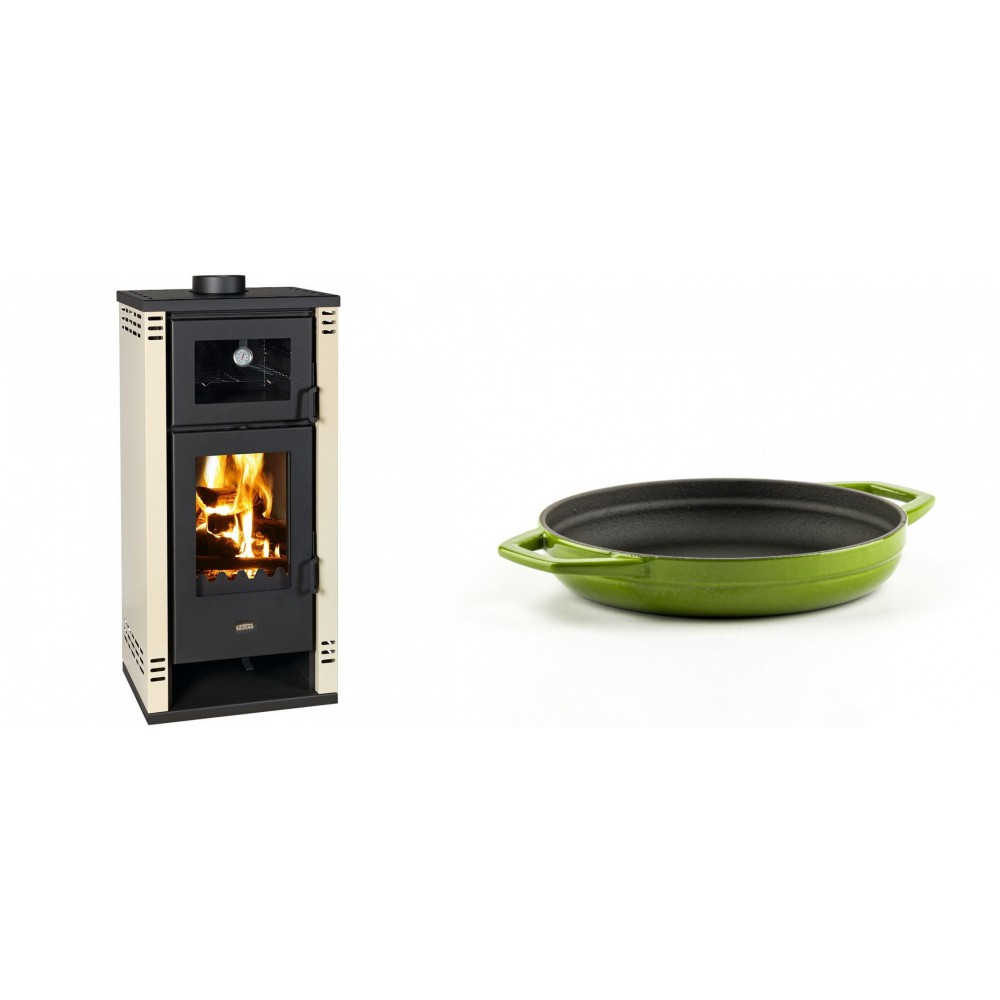 Set Kaminofen, Holzofen mit Backfach Prity K2 GT F, 8.1 kW + Emaillierte gusseisenpfanne mit zwei Griffen Solagio, Bamboo, Ф19cm