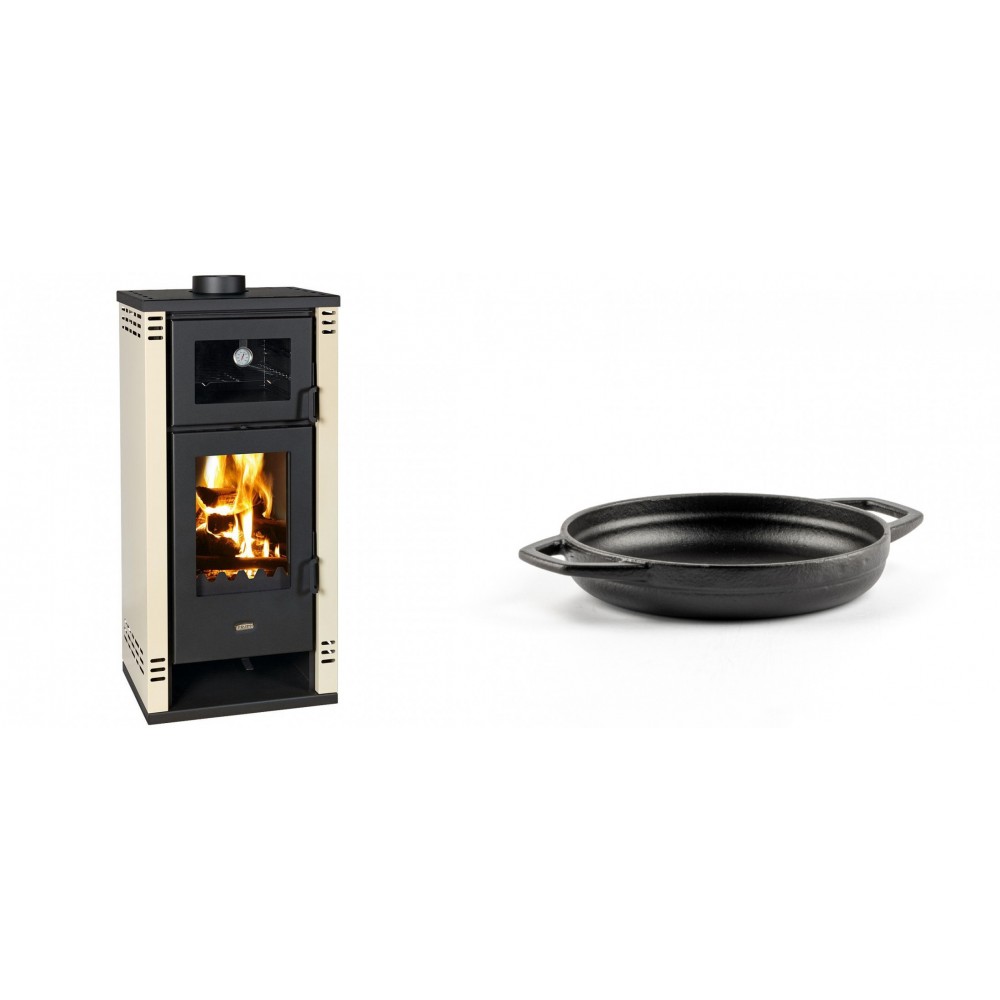 Set Kaminofen, Holzofen mit Backfach Prity K2 GT F, 8.1 kW + Emaillierte gusseisenpfanne mit zwei Griffen Solagio, Black Onyx, Ф16cm