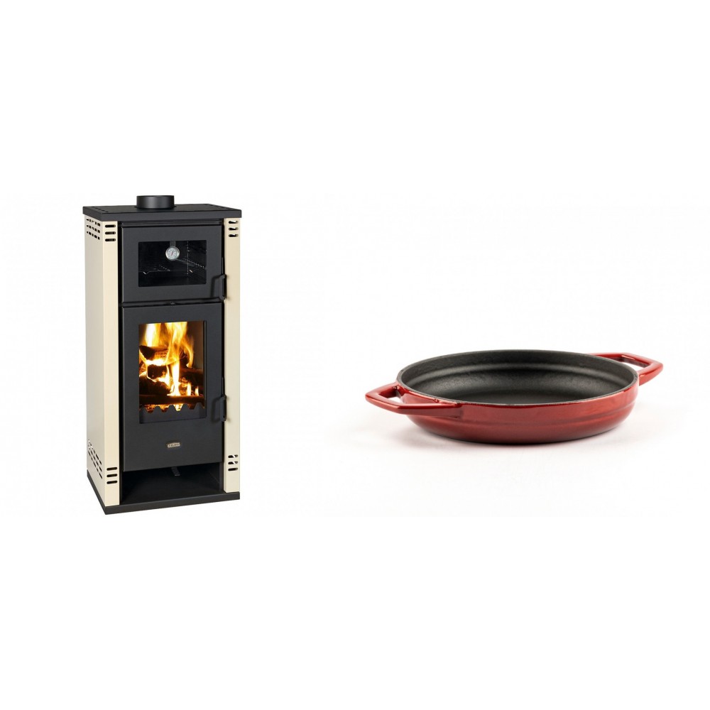 Set Kaminofen, Holzofen mit Backfach Prity K2 GT F, 8.1 kW + Emaillierte gusseisenpfanne mit zwei Griffen Solagio, Rubin, Ф16cm