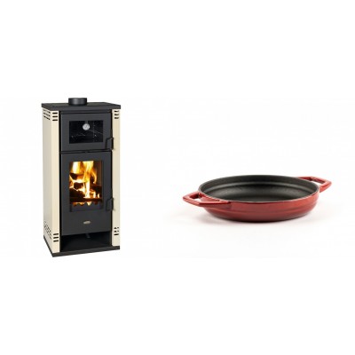 Set Kaminofen, Holzofen mit Backfach Prity K2 GT F, 8.1 kW + Emaillierte gusseisenpfanne mit zwei Griffen Solagio, Rubin, Ф16cm - Kaminofen - Holzofen mit Backfach