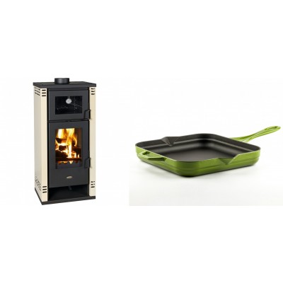 Set Kaminofen, Holzofen mit Backfach Prity K2 GT F, 8.1 kW + Emaillierte Gusseisenpfanne Solagio, Bamboo, 28x28cm - Kaminofen - Holzofen mit Backfach