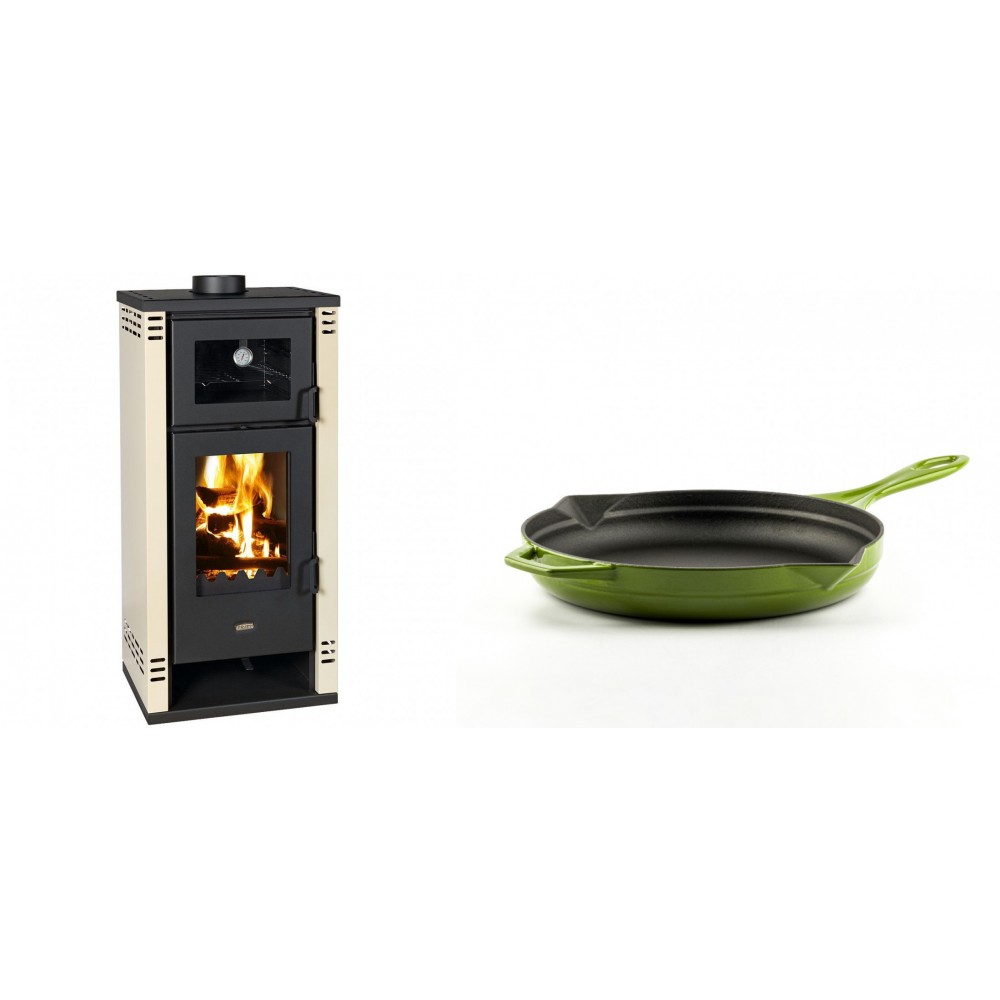 Set Kaminofen, Holzofen mit Backfach Prity K2 GT F, 8.1 kW + Emaillierte Gusseisenpfanne Solagio, Bamboo, Ф24cm | Holzofen | Kaminofen |