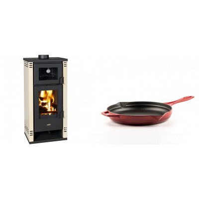 Set Kaminofen, Holzofen mit Backfach Prity K2 GT F, 8.1 kW + Emaillierte Gusseisenpfanne Solagio, Rubin, Ф24cm - Kaminofen - Holzofen mit Backfach