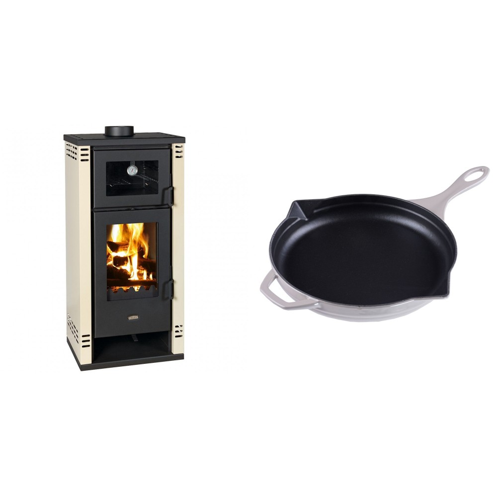 Set Kaminofen, Holzofen mit Backfach Prity K2 GT F, 8.1 kW + Emaillierte Gusseisenpfanne Solagio, Ivory, Ф28cm