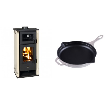 Set Kaminofen, Holzofen mit Backfach Prity K2 GT F, 8.1 kW + Emaillierte Gusseisenpfanne Solagio, Ivory, Ф28cm - Kaminofen - Holzofen mit Backfach