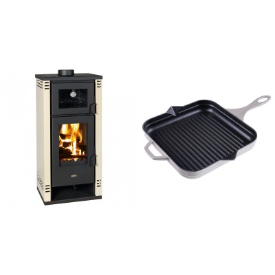 Set Kaminofen, Holzofen mit Backfach Prity K2 GT F, 8.1 kW + Emaillierte grillpfanne Gusseisen Solagio, Ivory, 28x28cm - Kaminofen - Holzofen mit Backfach