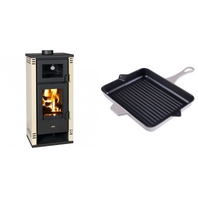 Set Kaminofen, Holzofen mit Backfach Prity K2 GT F, 8.1 kW + Emaillierte grillpfanne Gusseisen Solagio, Ivory, 26x32cm - Kaminofen - Holzofen mit Backfach