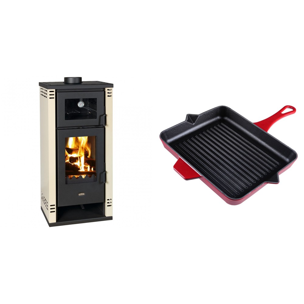 Set Kaminofen, Holzofen mit Backfach Prity K2 GT F, 8.1 kW + Emaillierte grillpfanne Gusseisen Solagio, Rubin, 26x32cm