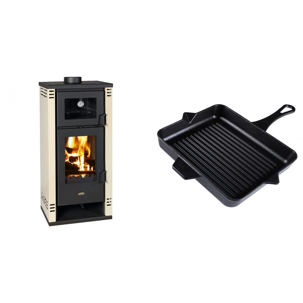Set Kaminofen, Holzofen mit Backfach Prity K2 GT F, 8.1 kW + Emaillierte grillpfanne Gusseisen Solagio, Black Onyx, 26x32cm | Holzofen | Kaminofen |