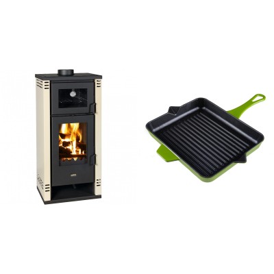 Set Kaminofen, Holzofen mit Backfach Prity K2 GT F, 8.1 kW + Emaillierte grillpfanne Gusseisen Solagio, Bamboo, 26x32cm - Kaminofen - Holzofen mit Backfach