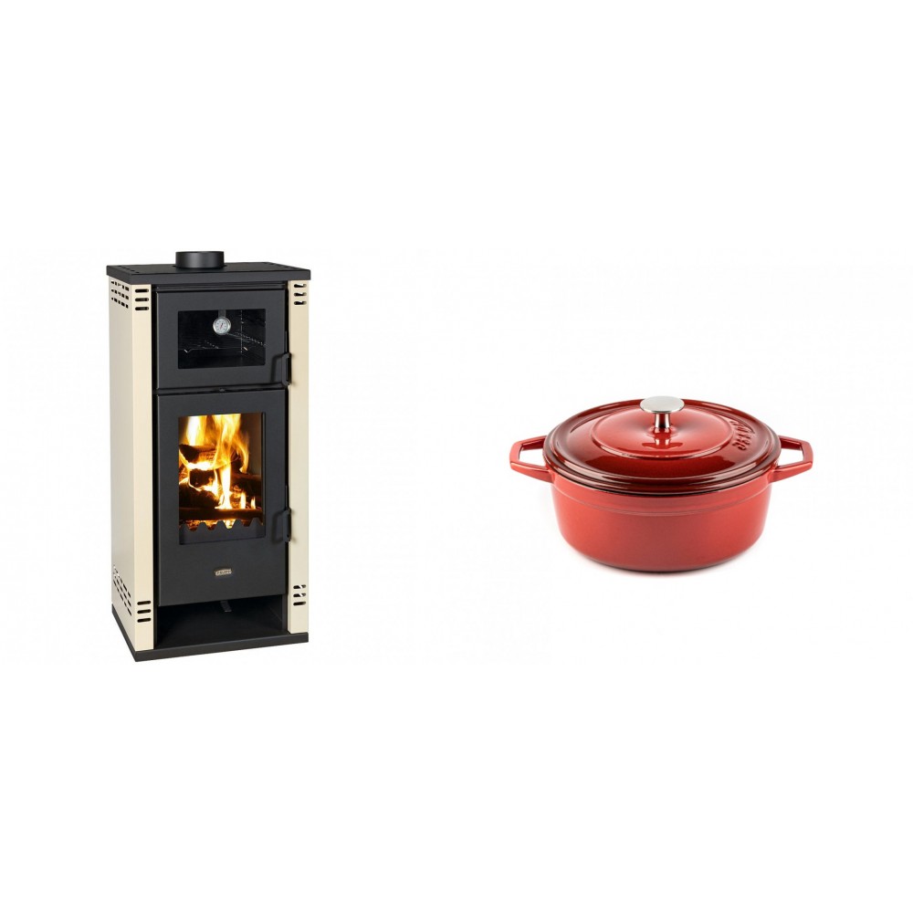 Set Kaminofen, Holzofen mit Backfach Prity K2 GT F, 8.1 kW + Gusseisen Topf Tiefer Solagio, Rubin, Ф12