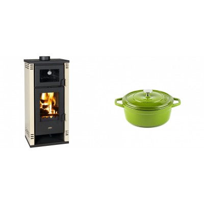 Set Kaminofen, Holzofen mit Backfach Prity K2 GT F, 8.1 kW + Gusseisen Topf Tiefer Solagio, Bamboo, Ф12 - Kaminofen - Holzofen mit Backfach