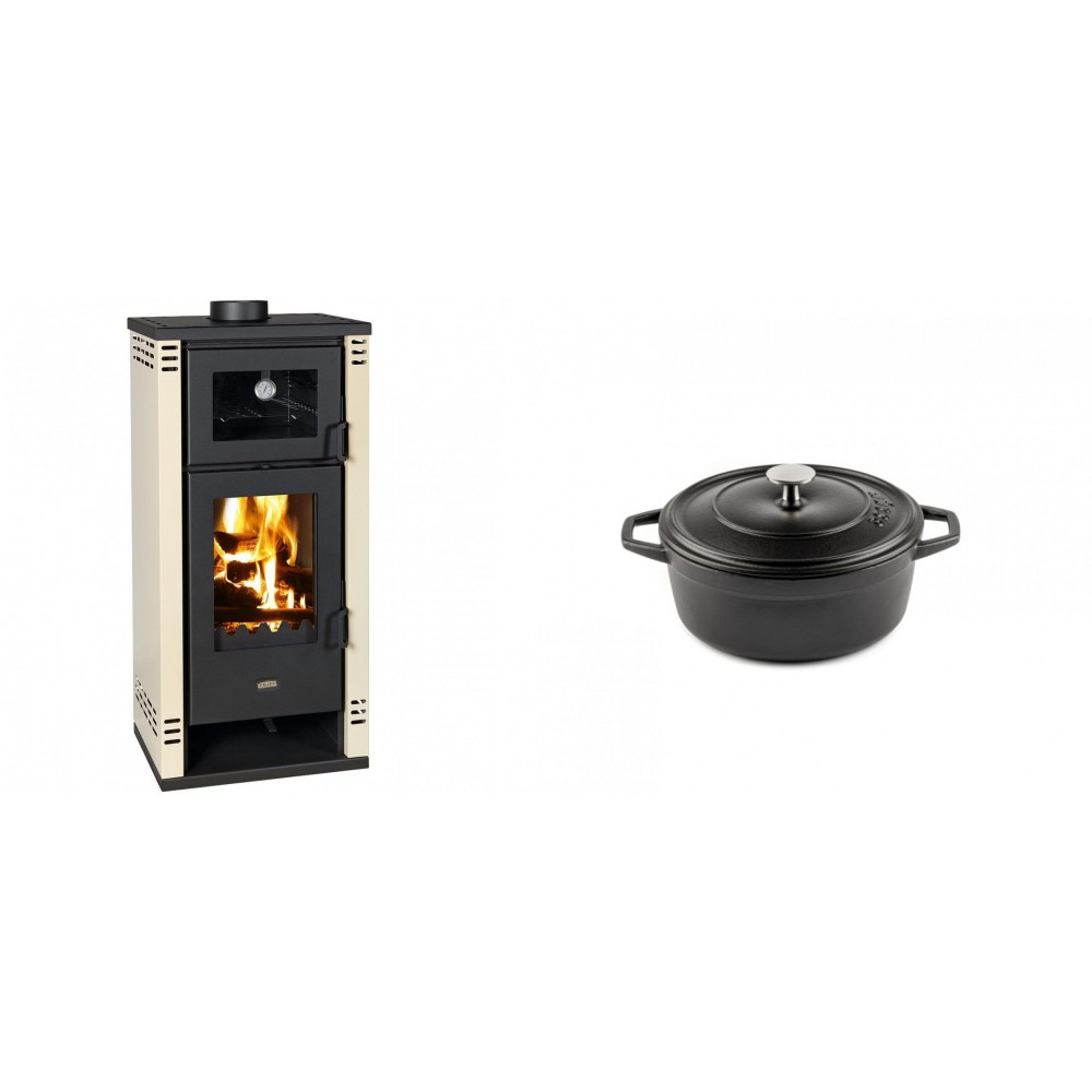Set Kaminofen, Holzofen mit Backfach Prity K2 GT F, 8.1 kW + Gusseisen Topf Tiefer Solagio, Black Onyx, Ф12