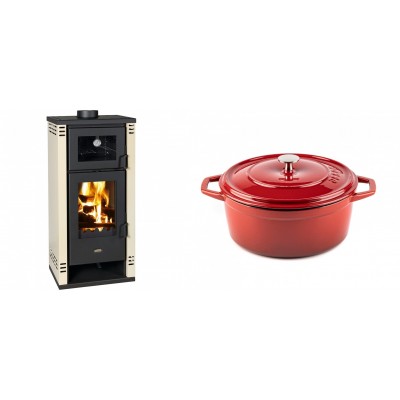 Set Kaminofen, Holzofen mit Backfach Prity K2 GT F, 8.1 kW + Gusseisen Topf Tiefer Solagio, Rubin, Ф24 - Kaminofen - Holzofen mit Backfach