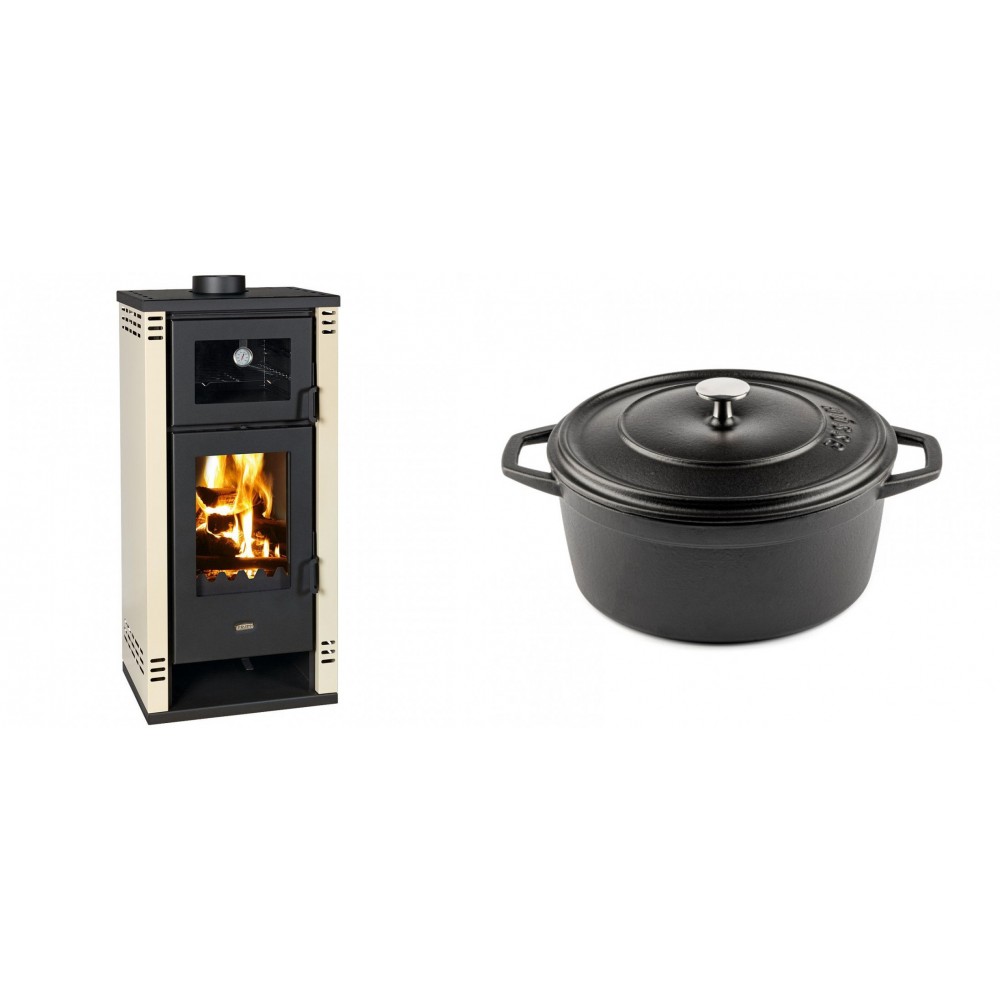 Set Kaminofen, Holzofen mit Backfach Prity K2 GT F, 8.1 kW + Gusseisen Topf Tiefer Solagio, Black Onyx, Ф24 | Holzofen | Kaminofen |