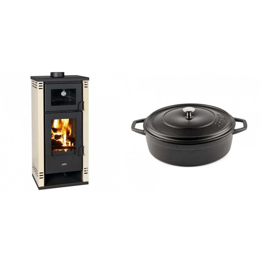 Set Kaminofen, Holzofen mit Backfach Prity K2 GT F, 8.1 kW + Gusseisen Topf Flach Solagio, Black Onyx, Ф26