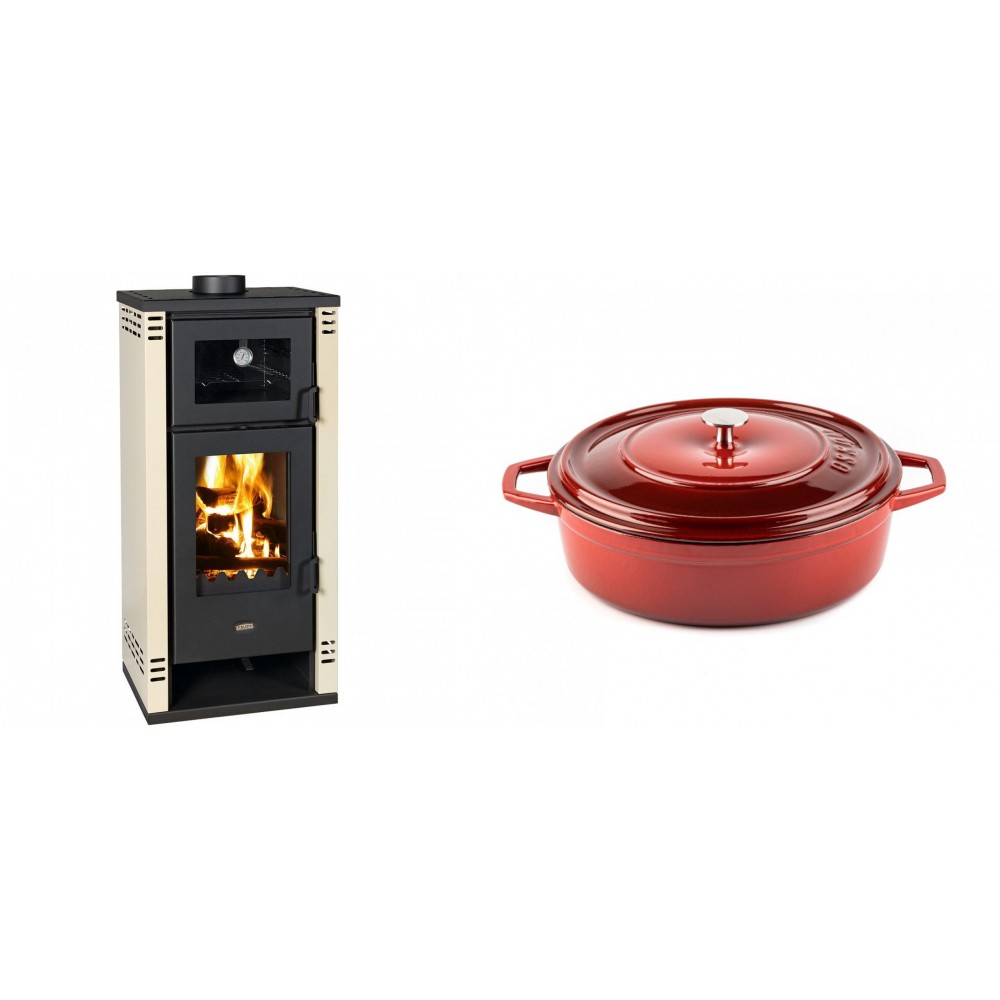 Set Kaminofen, Holzofen mit Backfach Prity K2 GT F, 8.1 kW + Gusseisen Topf Flach Solagio, Rubin, Ф26