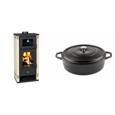 Set Kaminofen, Holzofen mit Backfach Prity K2 GT F, 8.1 kW + Gusseisen Topf Flach Solagio, Black Onyx, Ф28 - Kaminofen - Holzofen mit Backfach