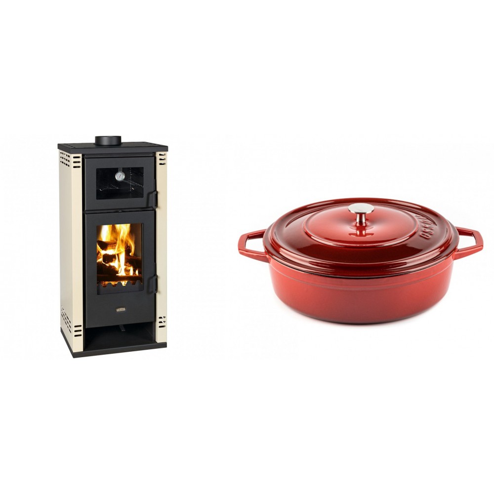 Set Kaminofen, Holzofen mit Backfach Prity K2 GT F, 8.1 kW + Gusseisen Topf Flach Solagio, Rubin, Ф28