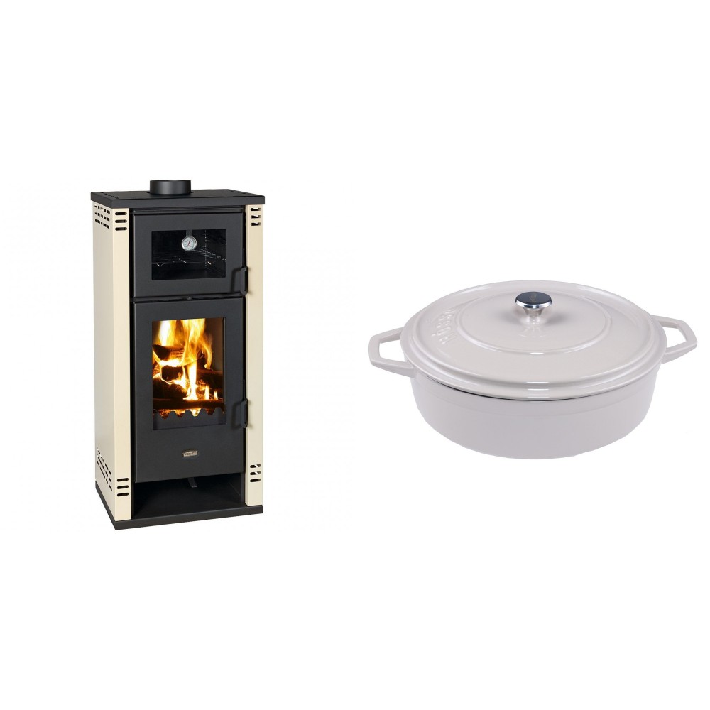 Set Kaminofen, Holzofen mit Backfach Prity K2 GT F, 8.1 kW + Gusseisen Topf Flach Solagio, Ivory, Ф28