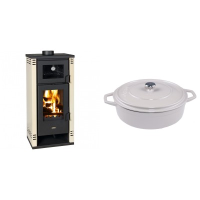 Set Kaminofen, Holzofen mit Backfach Prity K2 GT F, 8.1 kW + Gusseisen Topf Flach Solagio, Ivory, Ф28 - Kaminofen - Holzofen mit Backfach