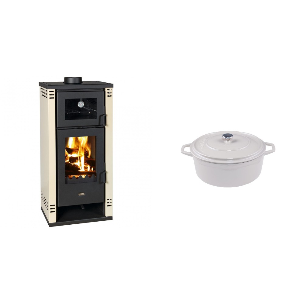 Set Kaminofen, Holzofen mit Backfach Prity K2 GT F, 8.1 kW + Gusseisen Topf Tiefer Solagio, Ivory, Ф12