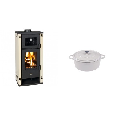 Set Kaminofen, Holzofen mit Backfach Prity K2 GT F, 8.1 kW + Gusseisen Topf Tiefer Solagio, Ivory, Ф12 - Kaminofen - Holzofen mit Backfach