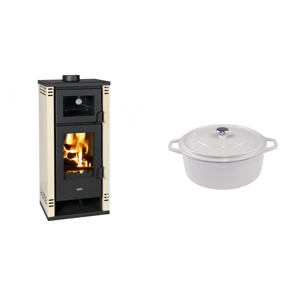 Set Kaminofen, Holzofen mit Backfach Prity K2 GT F, 8.1 kW + Gusseisen Topf Tiefer Solagio, Ivory, Ф20 | Holzofen | Kaminofen |
