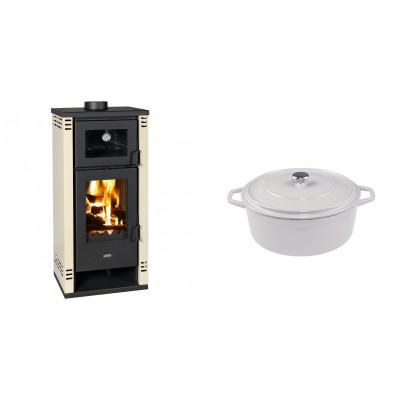 Set Kaminofen, Holzofen mit Backfach Prity K2 GT F, 8.1 kW + Gusseisen Topf Tiefer Solagio, Ivory, Ф20 - Kaminofen - Holzofen mit Backfach