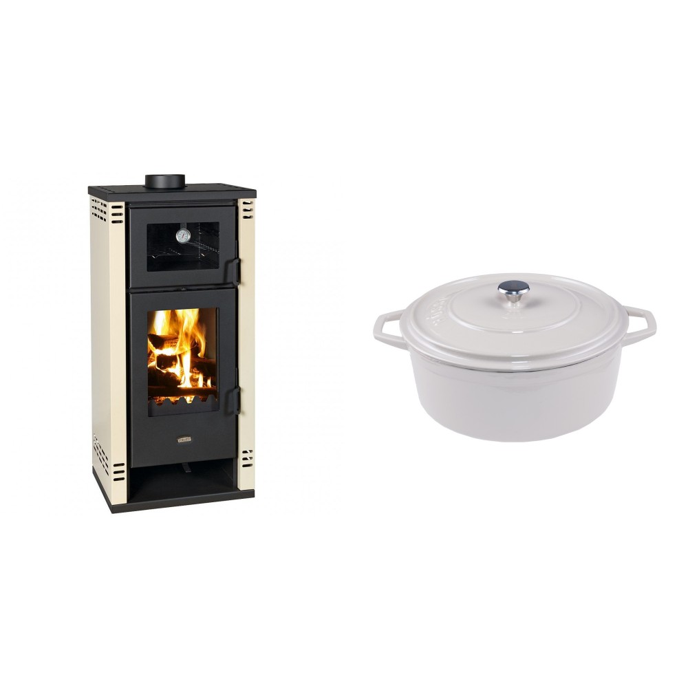 Set Kaminofen, Holzofen mit Backfach Prity K2 GT F, 8.1 kW + Gusseisen Topf Tiefer Solagio, Ivory, Ф24 | Holzofen | Kaminofen |