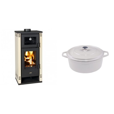 Set Kaminofen, Holzofen mit Backfach Prity K2 GT F, 8.1 kW + Gusseisen Topf Tiefer Solagio, Ivory, Ф24 - Kaminofen - Holzofen mit Backfach