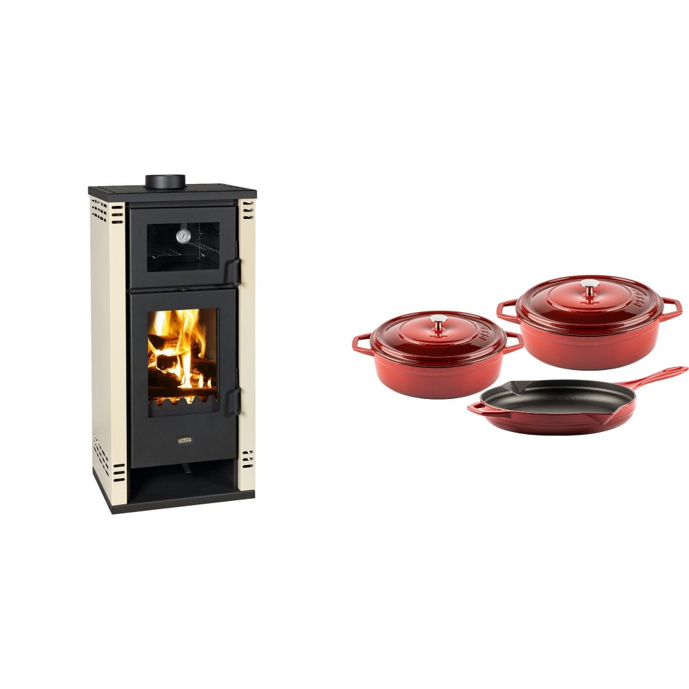 Set Kaminofen, Holzofen mit Backfach Prity K2 GT F, 8.1 kW + Gusseisen Topf Set aus 3 teilen Solagio, Rubin | Holzofen | Kaminofen |