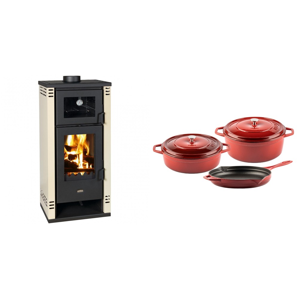 Set Kaminofen, Holzofen mit Backfach Prity K2 GT F, 8.1 kW + Gusseisen Topf Set aus 3 teilen Solagio, Rubin