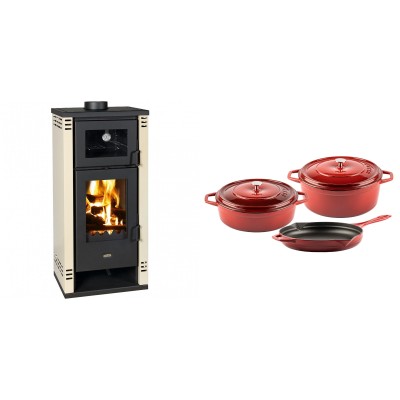 Set Kaminofen, Holzofen mit Backfach Prity K2 GT F, 8.1 kW + Gusseisen Topf Set aus 3 teilen Solagio, Rubin - Kaminofen - Holzofen mit Backfach