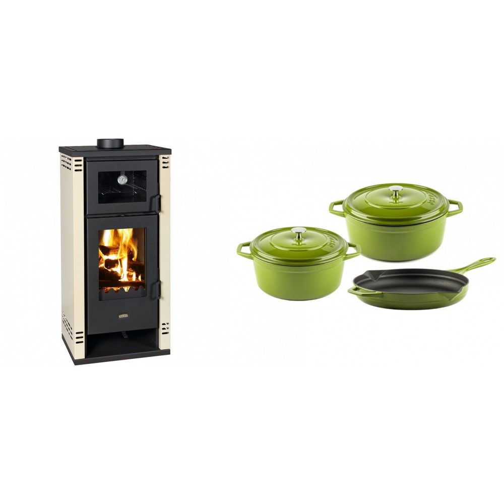 Set Kaminofen, Holzofen mit Backfach Prity K2 GT F, 8.1 kW + Gusseisen Topf Set aus 3 teilen Solagio, Bamboo