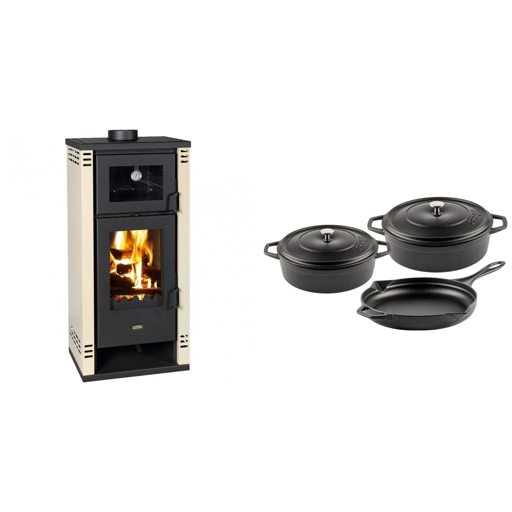 Set Kaminofen, Holzofen mit Backfach Prity K2 GT F, 8.1 kW + Gusseisen Topf Set aus 3 teilen Solagio, Black Onyx | Holzofen | Kaminofen |