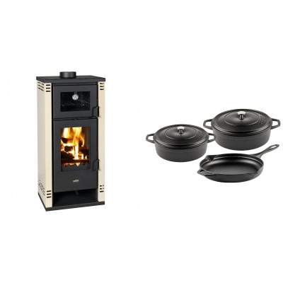 Set Kaminofen, Holzofen mit Backfach Prity K2 GT F, 8.1 kW + Gusseisen Topf Set aus 3 teilen Solagio, Black Onyx - Kaminofen - Holzofen mit Backfach