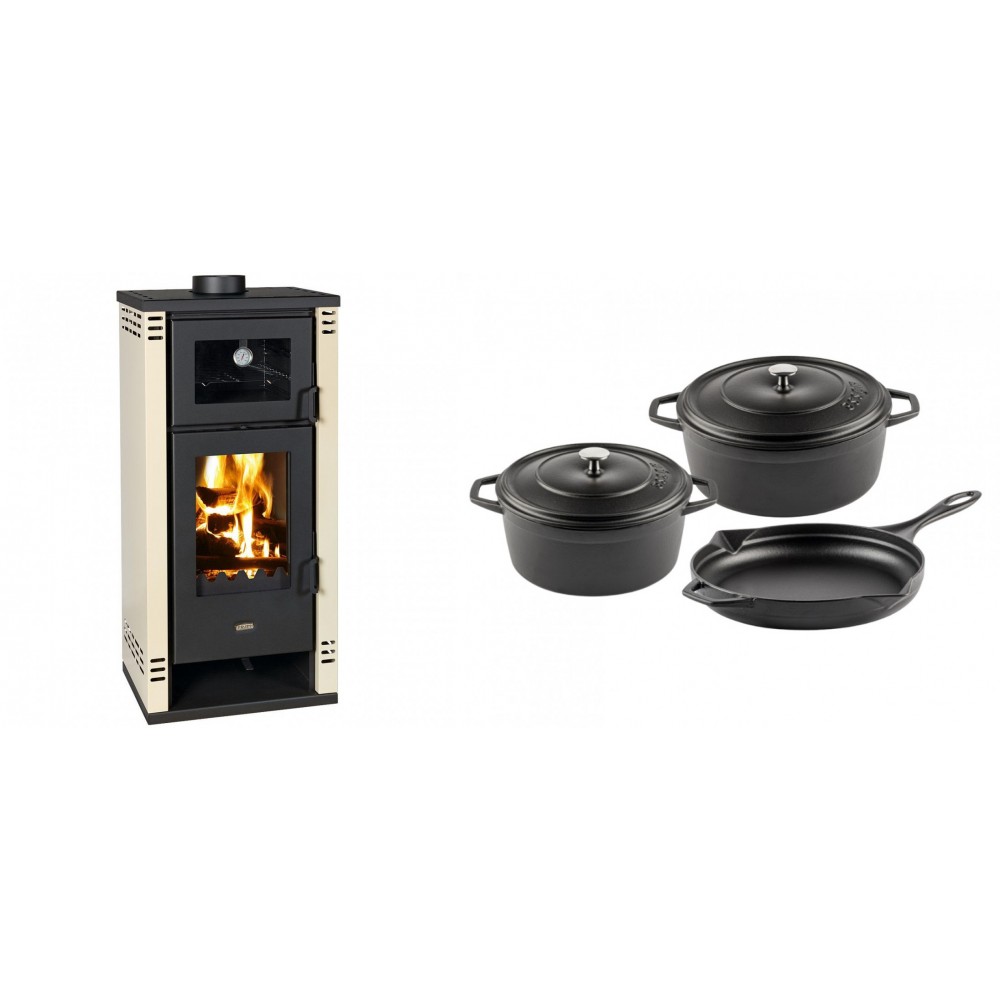 Set Kaminofen, Holzofen mit Backfach Prity K2 GT F, 8.1 kW + Gusseisen Topf Set aus 3 teilen Solagio, Black Onyx | Holzofen | Kaminofen |