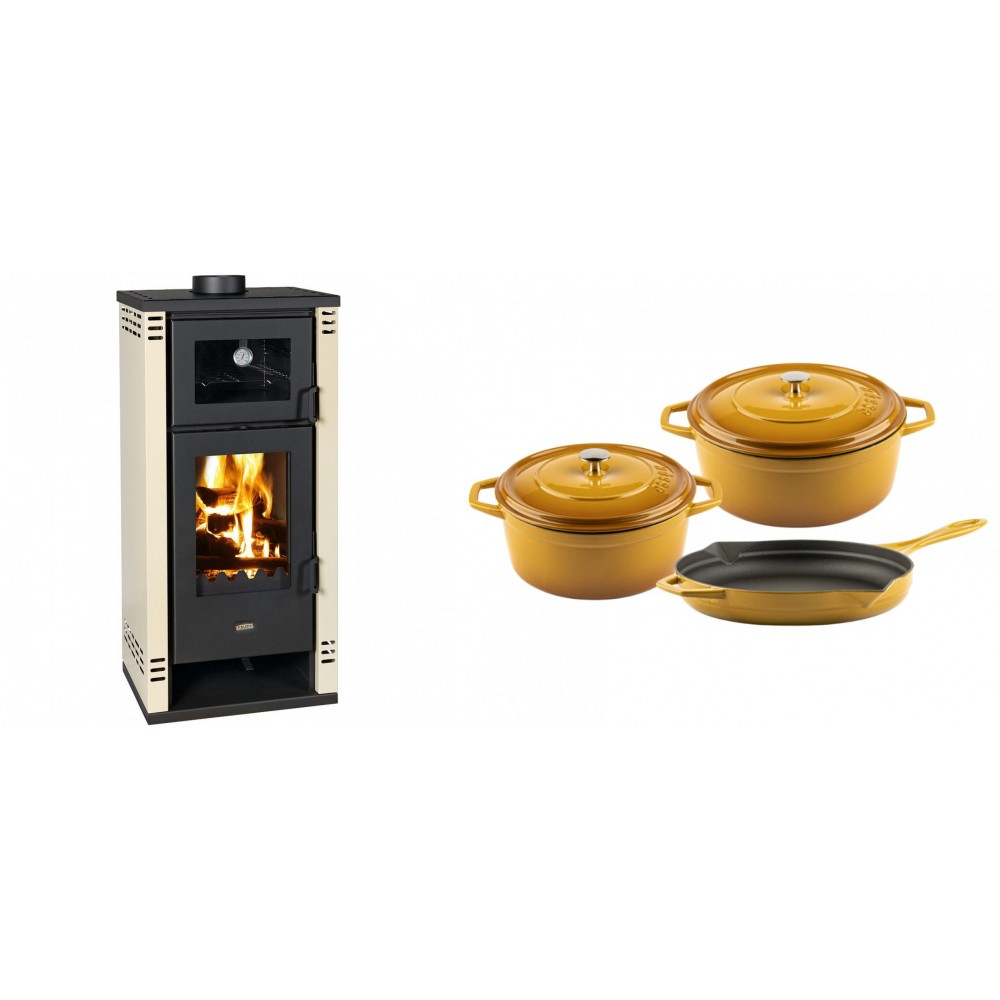 Set Kaminofen, Holzofen mit Backfach Prity K2 GT F, 8.1 kW + Gusseisen Topf Set aus 3 teilen Solagio, Dijon