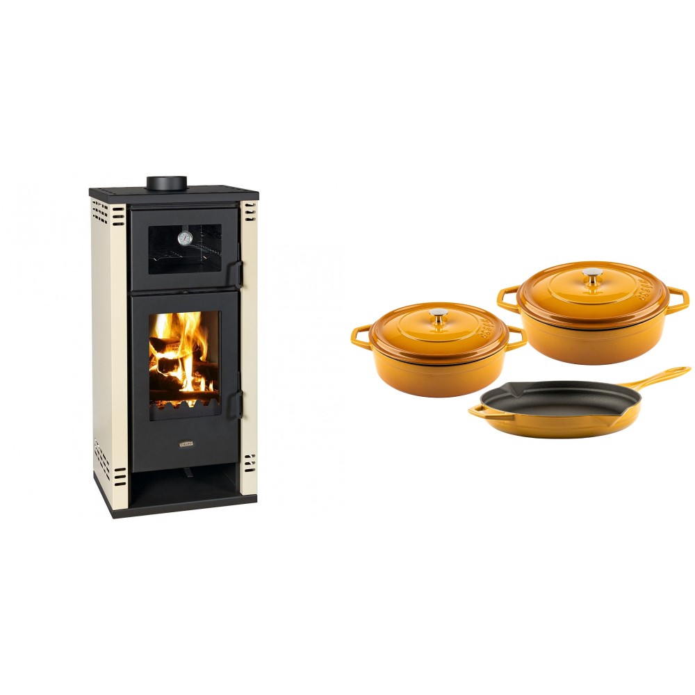 Set Kaminofen, Holzofen mit Backfach Prity K2 GT F, 8.1 kW + Gusseisen Topf Set aus 3 teilen Solagio, Dijon