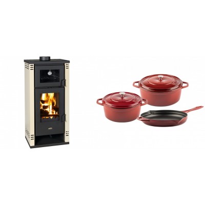 Set Kaminofen, Holzofen mit Backfach Prity K2 GT F, 8.1 kW + Gusseisen Topf Set aus 3 teilen Solagio, Rubin - Kaminofen - Holzofen mit Backfach