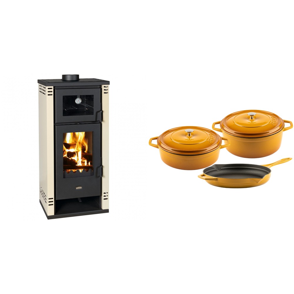 Set Kaminofen, Holzofen mit Backfach Prity K2 GT F, 8.1 kW + Gusseisen Topf Set aus 3 teilen Solagio, Dijon