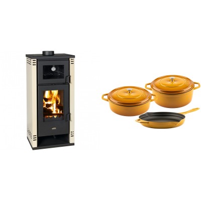 Set Kaminofen, Holzofen mit Backfach Prity K2 GT F, 8.1 kW + Gusseisen Topf Set aus 3 teilen Solagio, Dijon - Kaminofen - Holzofen mit Backfach