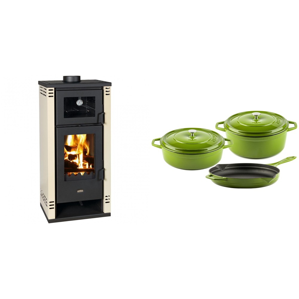 Set Kaminofen, Holzofen mit Backfach Prity K2 GT F, 8.1 kW + Gusseisen Topf Set aus 3 teilen Solagio, Bamboo