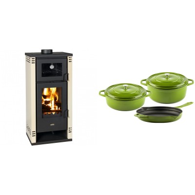 Set Kaminofen, Holzofen mit Backfach Prity K2 GT F, 8.1 kW + Gusseisen Topf Set aus 3 teilen Solagio, Bamboo - Kaminofen - Holzofen mit Backfach